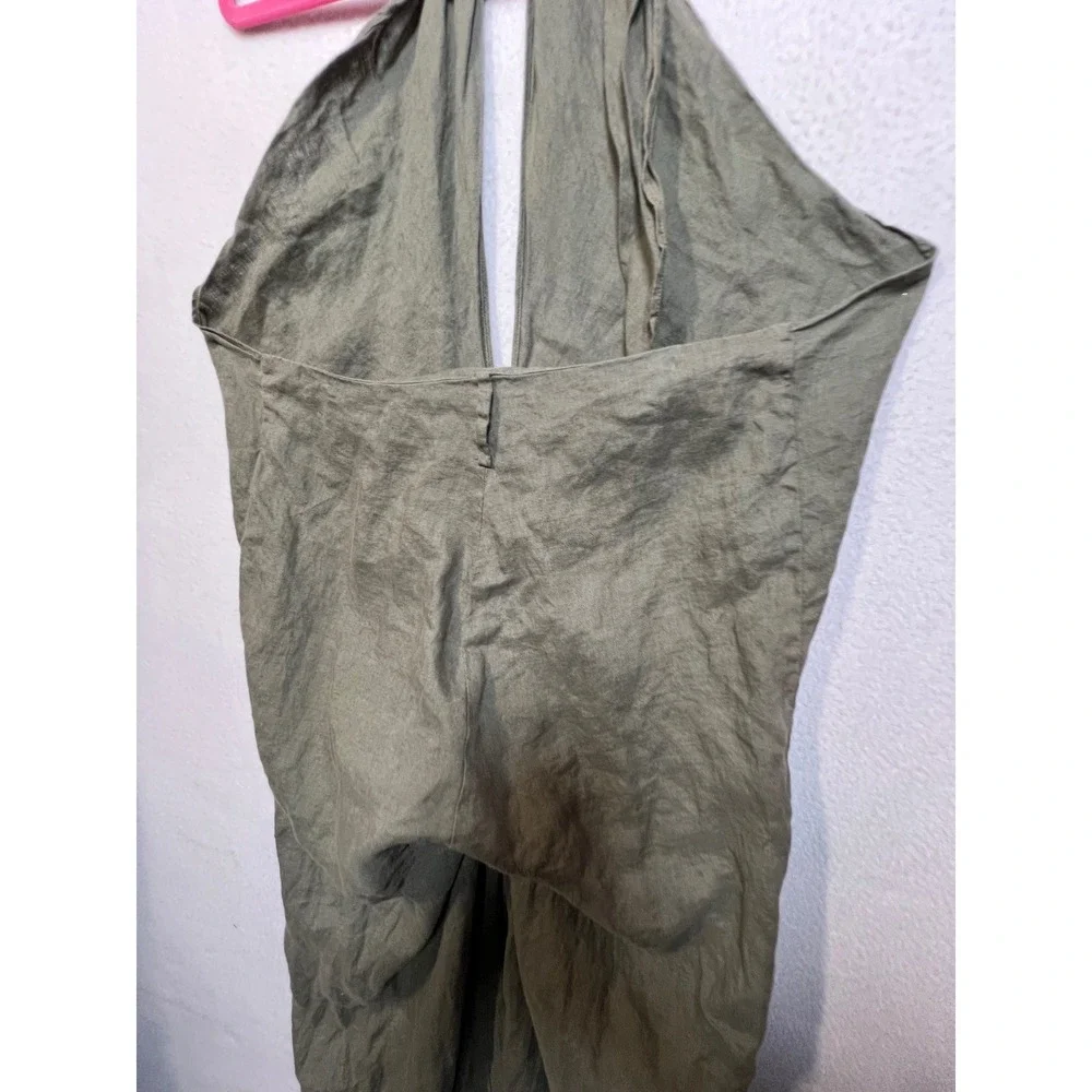 Zara‎ Womens Olive Green 100% Linen Halter Wide Leg Jumpsuit Size Medium
